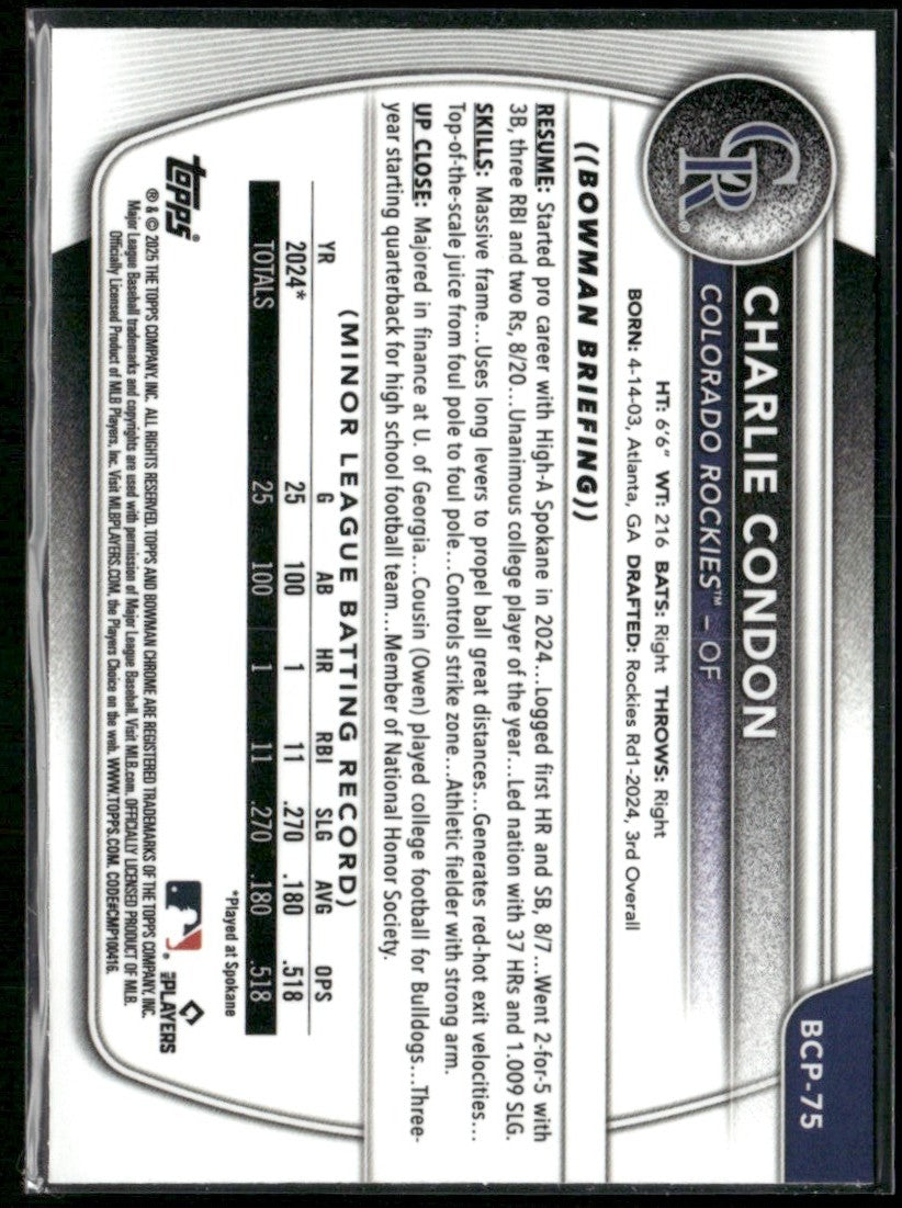 Charlie Condon 2025 Bowman Chrome 1st #BCP-75 Colorado Rockies