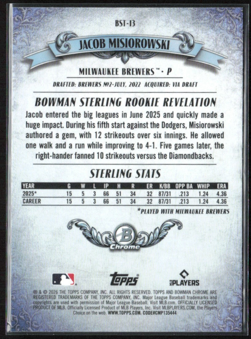 Jacob Misiorowski 2026 Bowman Chrome Sterling RC #BST-13 Milwaukee Brewers