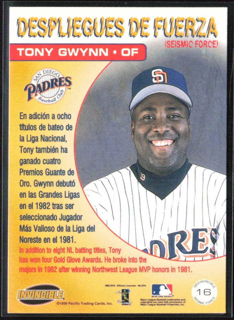 Tony Gwynn 1999 Pacific Invincible Seismic Force #16 San Diego Padres