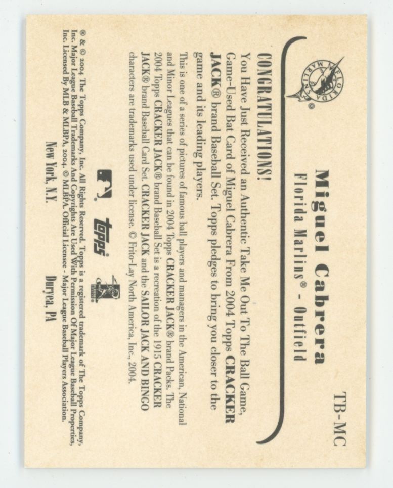 Miguel Cabrera 2004 Topps Cracker Jack Take Met Out to the Ball Game Bat #TB-MC