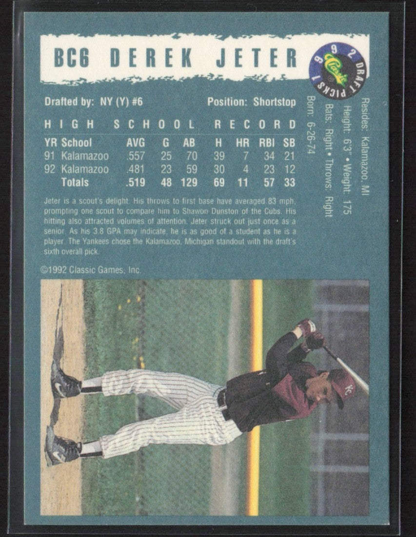 Derek Jeter 1992 Classic Draft Picks #BC6 New York Yankees