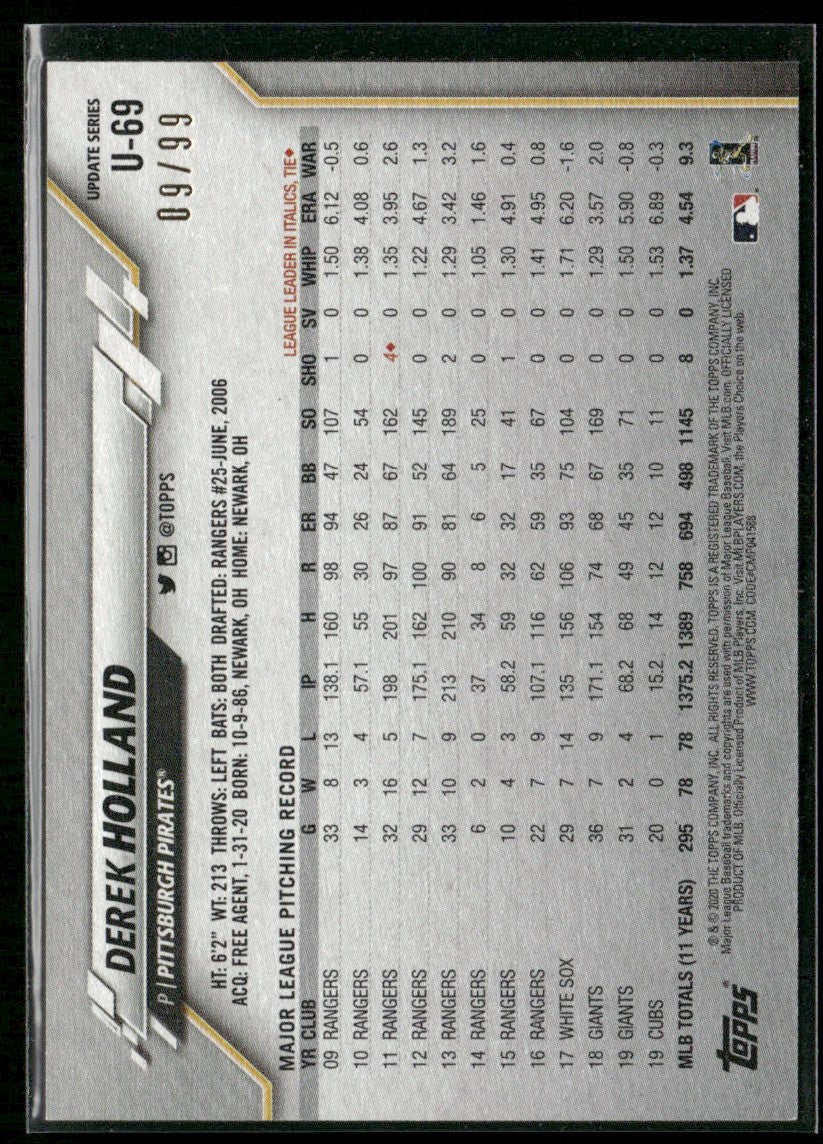 Derek Holland 2020 Topps Update Vintage Stock /99 #U-69 Pittsburgh Pirates
