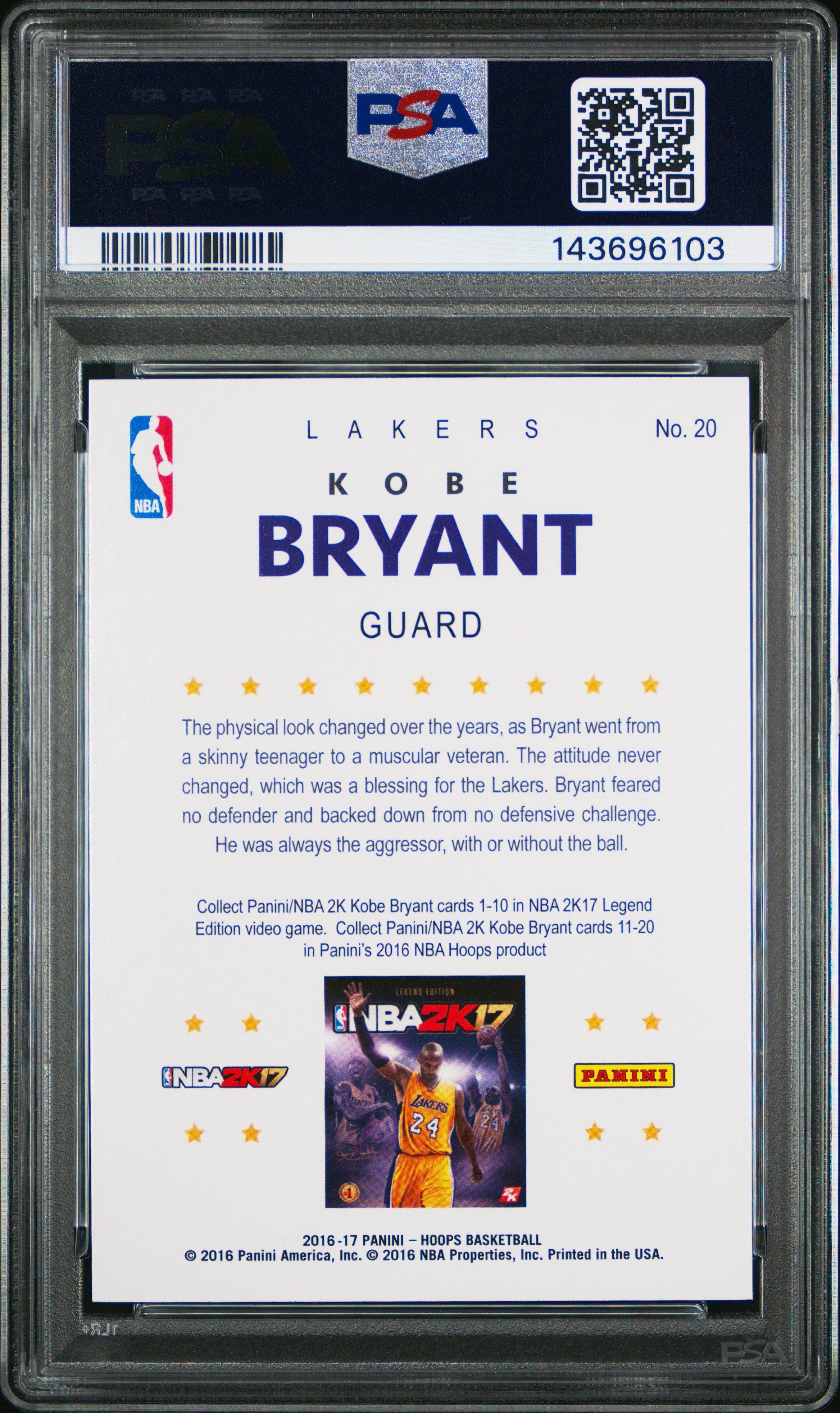 Kobe Bryant 2016 Panini Hoops 2K17 Hoops psa 10 #20 Los Angeles Lakers