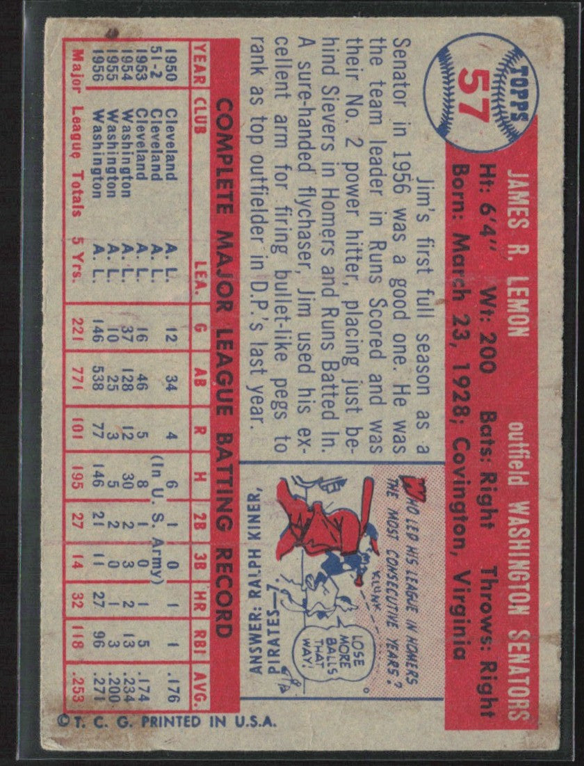 Jim Lemon 1957 Topps #57 Washington Senators