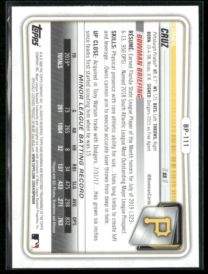 Oneil Cruz 2020 Bowman Camo #BP-111 Pittsburgh Pirates