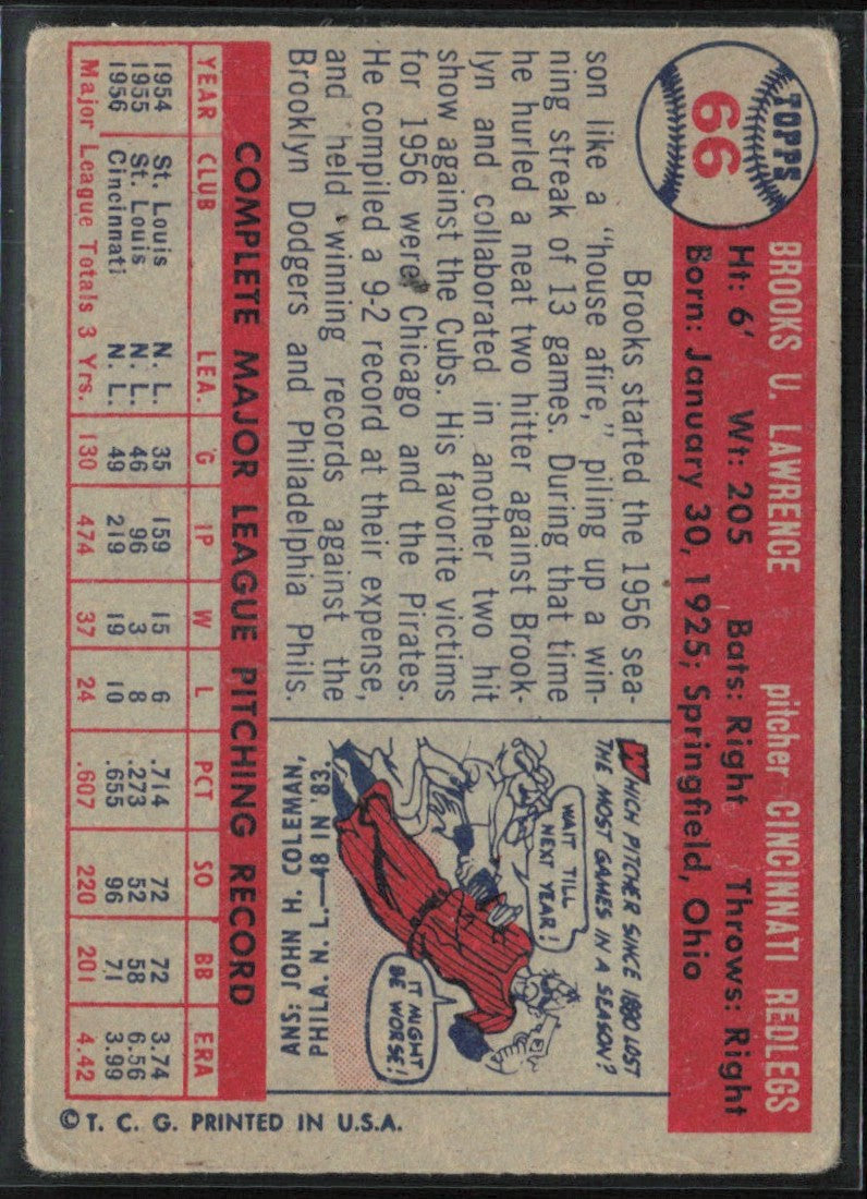 Brooks Lawrence 1957 Topps #66 Cincinnati Reds
