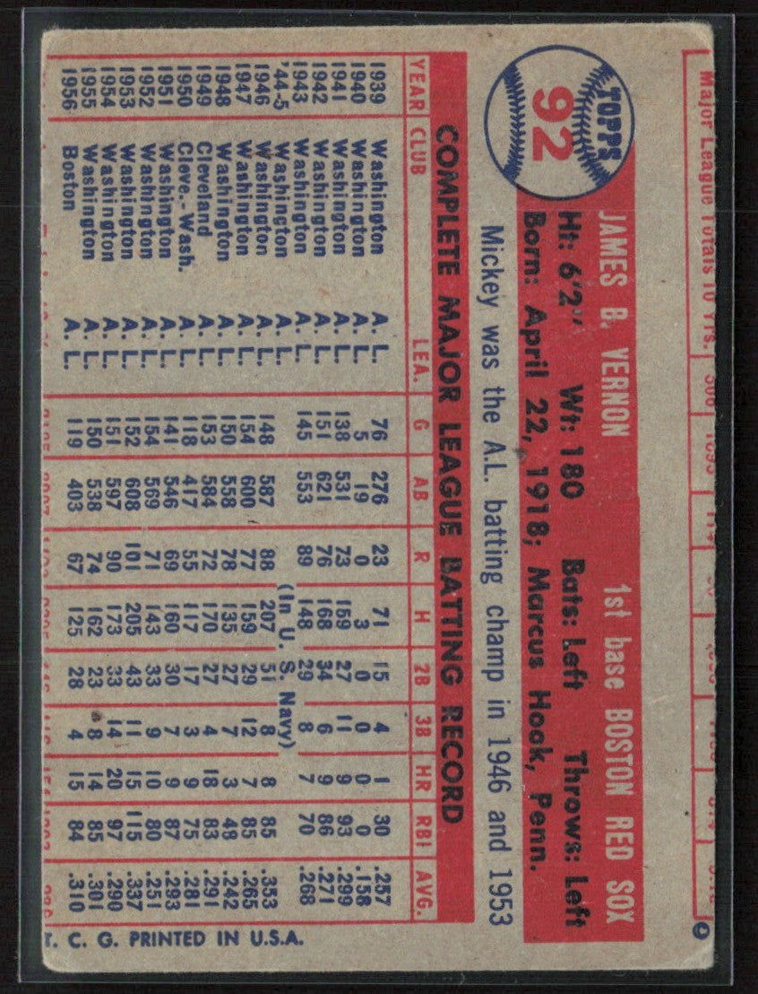 Mickey Vernon 1957 Topps #92 Boston Red Sox