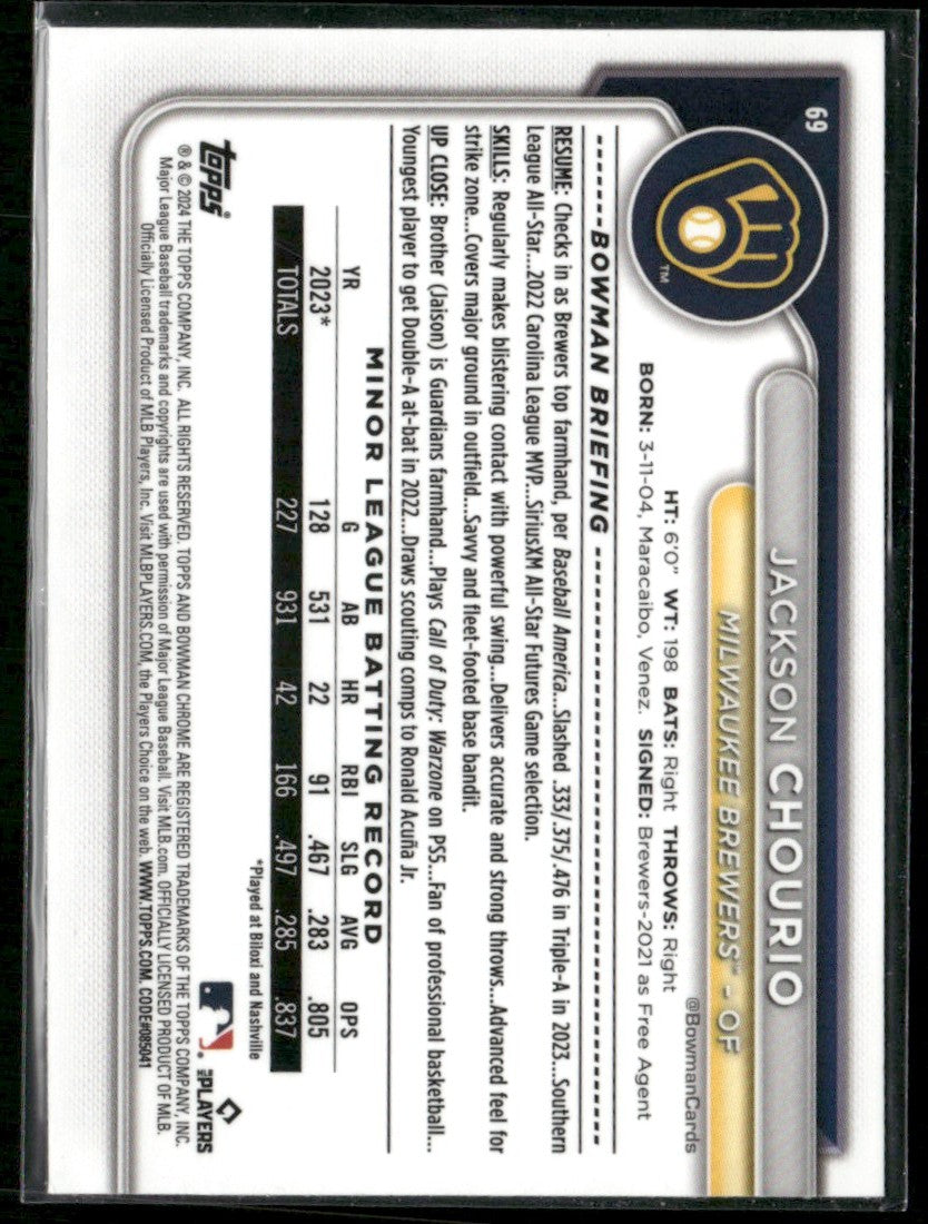 Jackson Chourio 2024 Bowman Chrome RC #69 Milwaukee Brewers