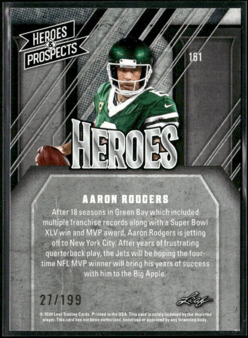 Aaron Rodgers 2024 Leaf Heroes & Prospects /199 #161 New York Jets