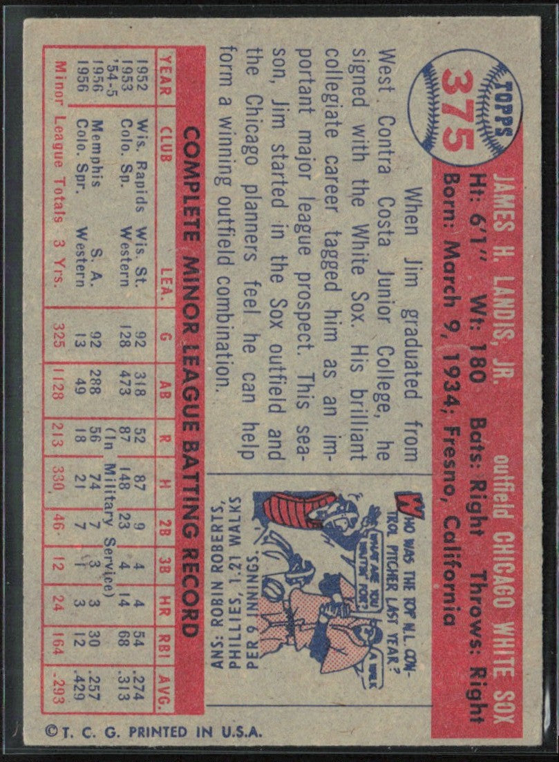 Jim Landis 1957 Topps RC #375 Chicago White Sox