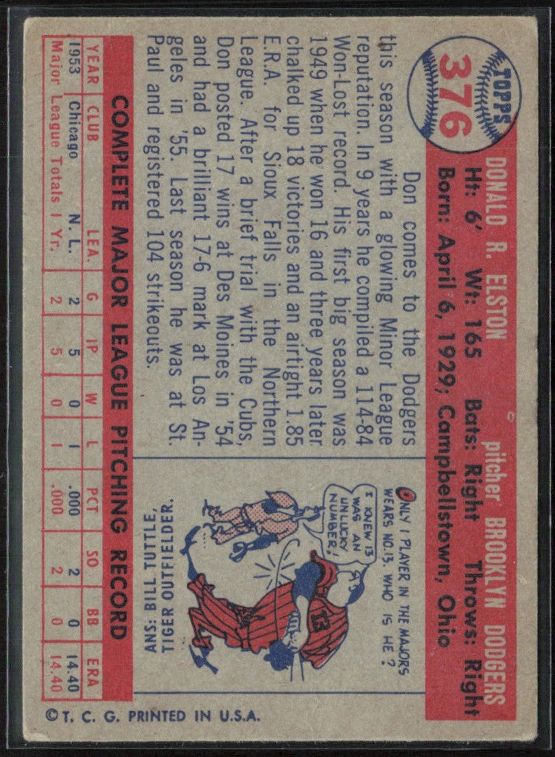 Don Elston 1957 Topps RC #376 Brooklyn Dodgers