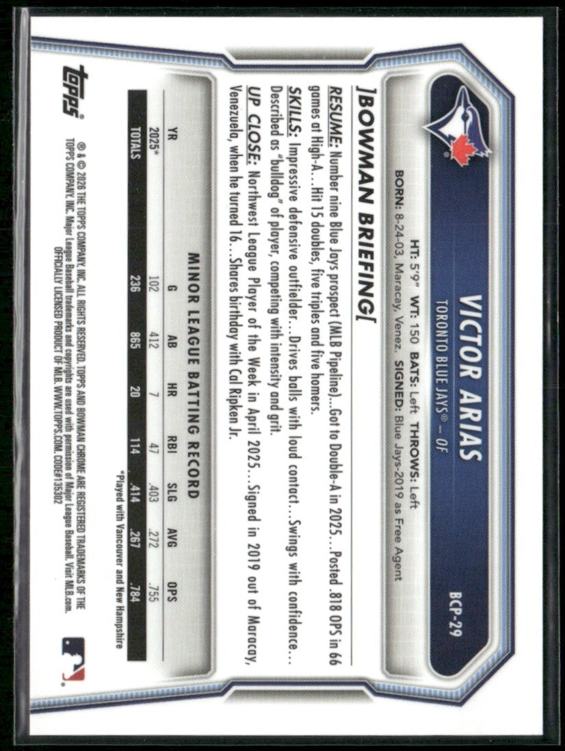 Victor Arias 2026 Bowman Chrome Reptilian #BCP-29 Toronto Blue Jays
