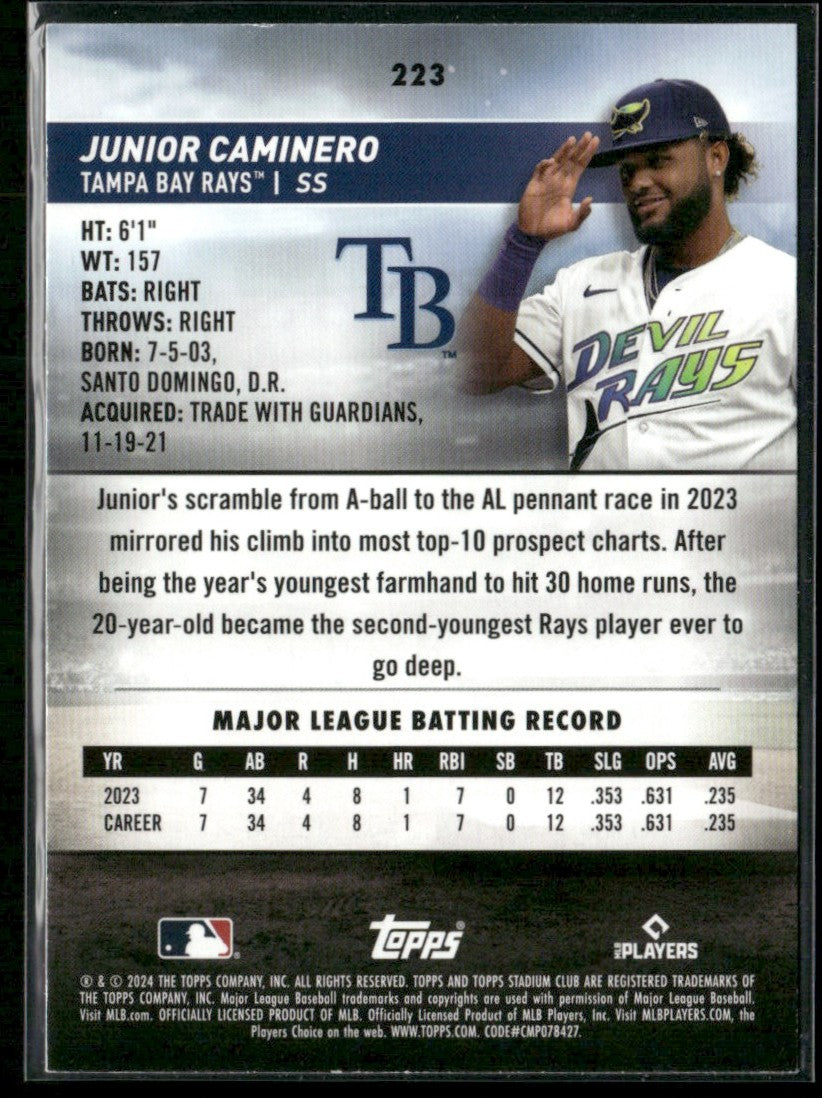 Junior Caminero 2024 Topps Stadium Club RC #223 Tampa Bay Rays