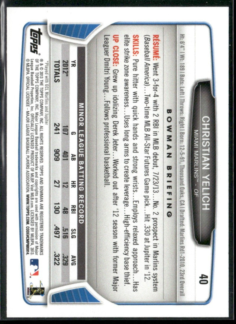 Christian Yelich 2013 Bowman Draft Picks & Prospects RC #40 Miami Marlins