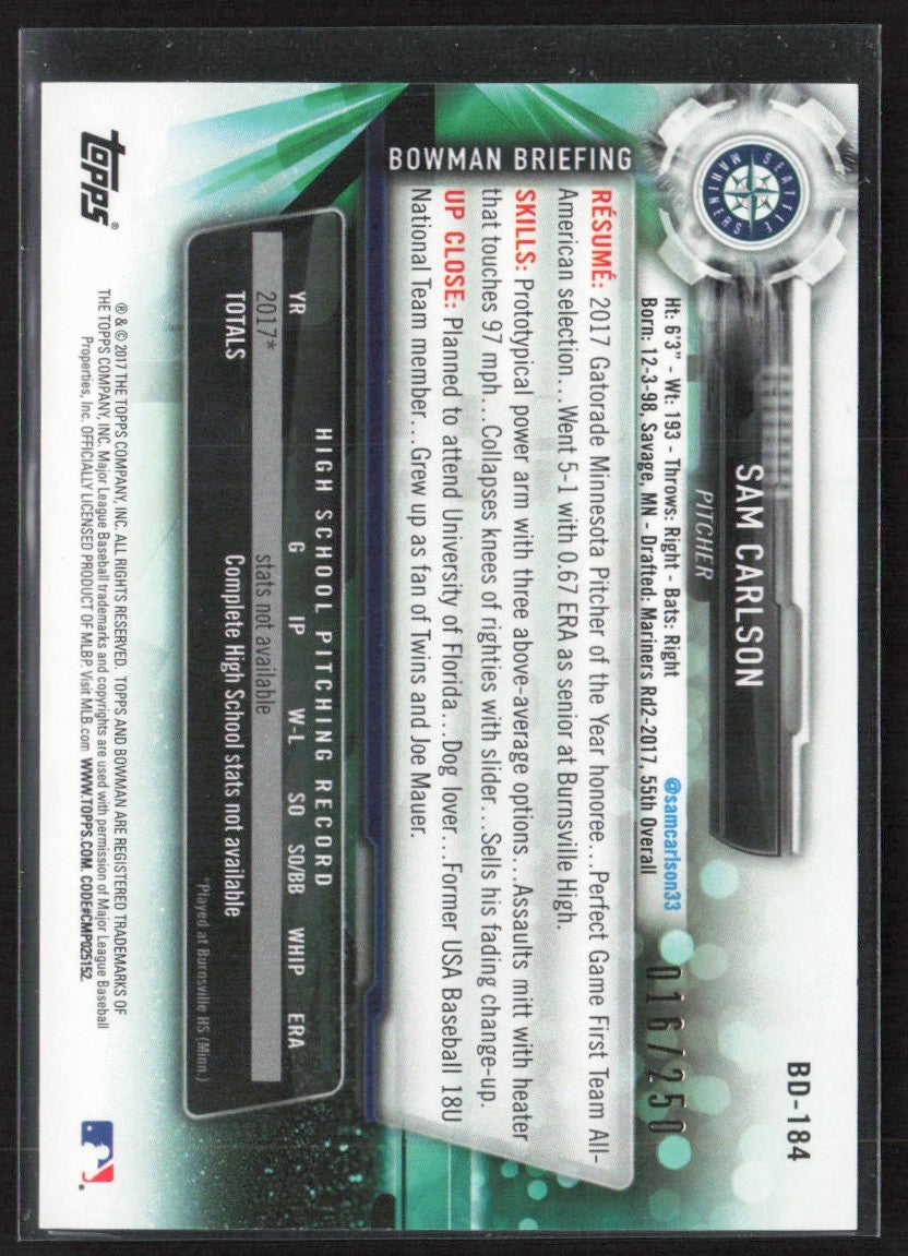 Sam Carlson 2017 Bowman Draft 1st Purple /250 #BD-184 Seattle Mariners