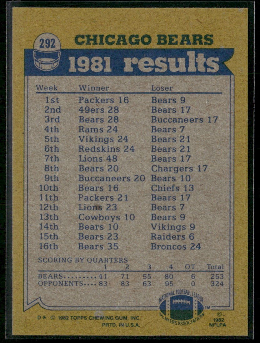 Walter Payton Fencik Hampton 1982 Topps #292 Chicago Bears