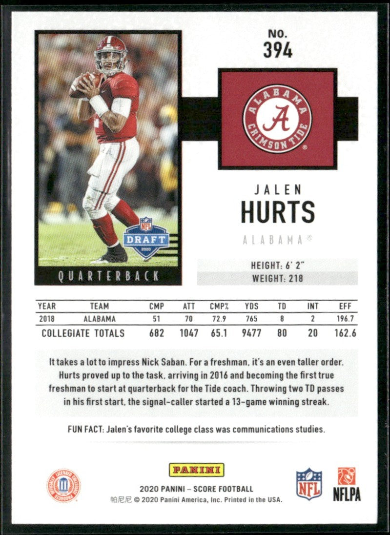 Jalen Hurts 2020 Panini Score RC #394 Alabama Crimson Tide