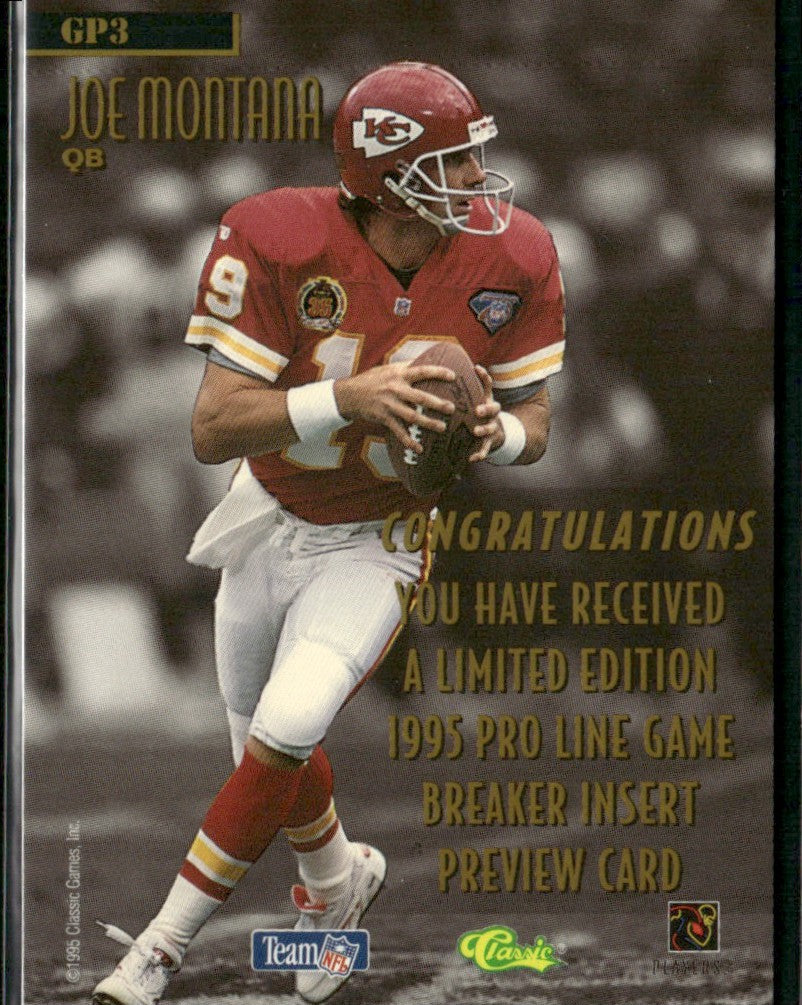 Joe Montana 1995 Classic Pro Line Game Breakers #GP3 Kansas City Chiefs