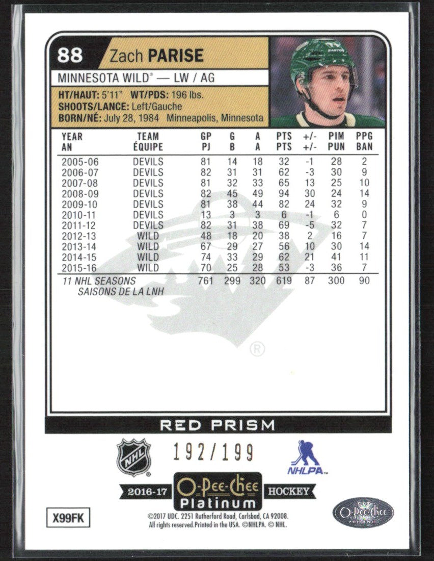 Zach Parise 2016 O-Pee-Chee Platinum Red Prism 192/199 #88 Minnesota Wild