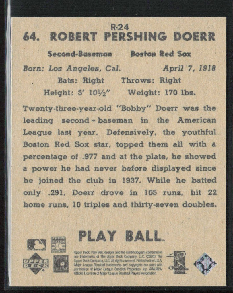 Bobby Doerr 2003 Upper Deck Play Ball 1941 Reprints #R-24 Boston Red Sox