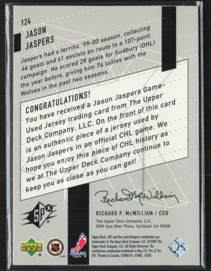 Jason Jaspers 2000 SPx RC Jersey #124 Phoenix Coyotes