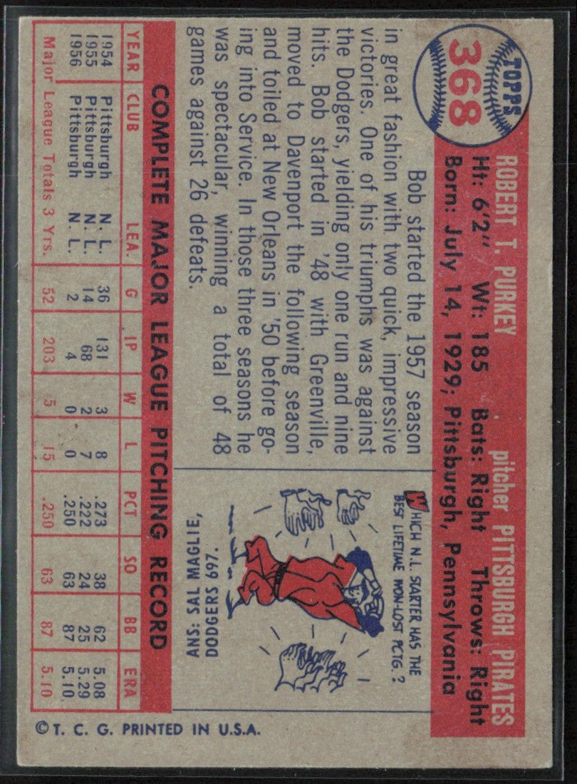 Bob Purkey 1957 Topps #368 Pittsburgh Pirates