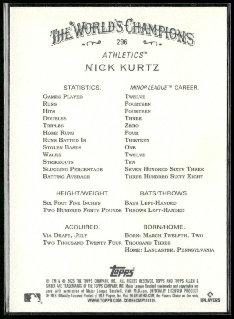 Nick Kurtz 2025 Topps Allen & Ginter RC #296 Athletics