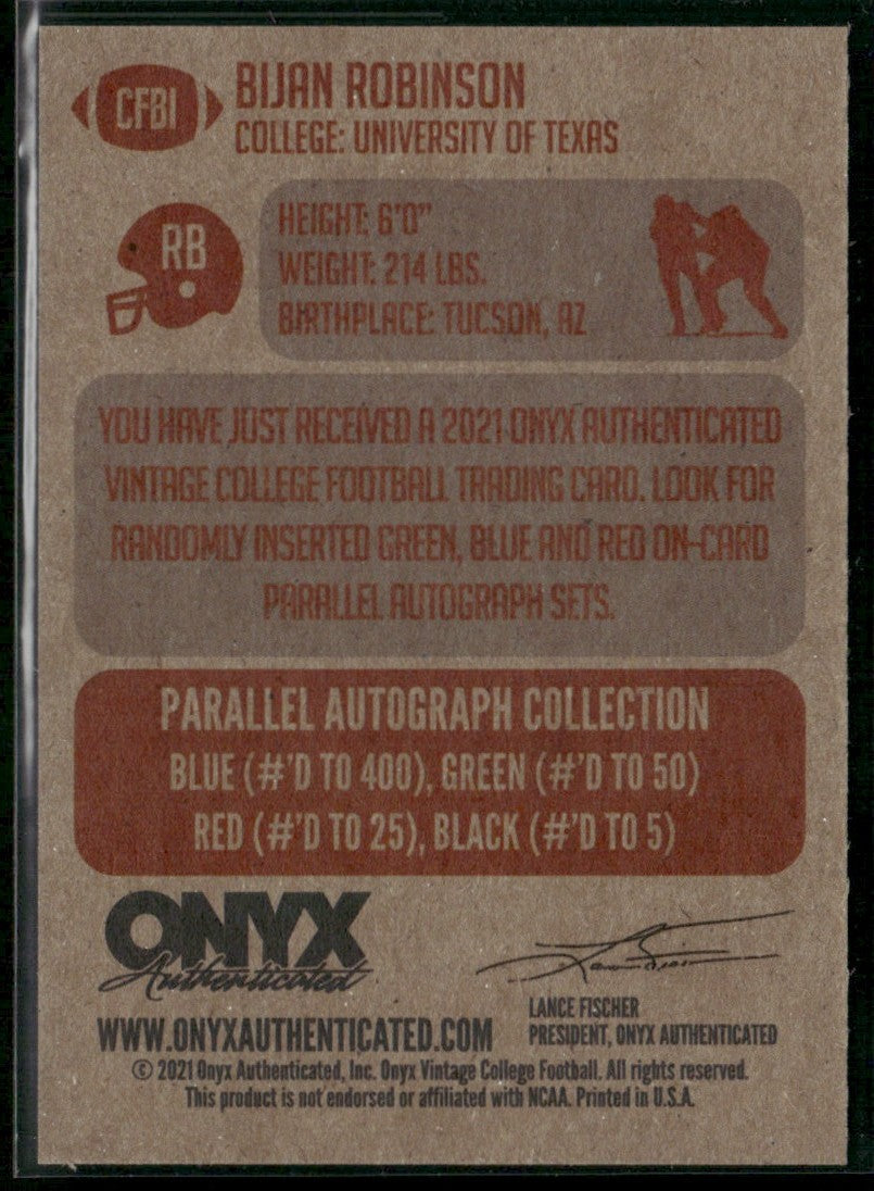 Bijan Robinson 2021 Onyx Vintage College Football RC #CFB1 Texas Longhorns