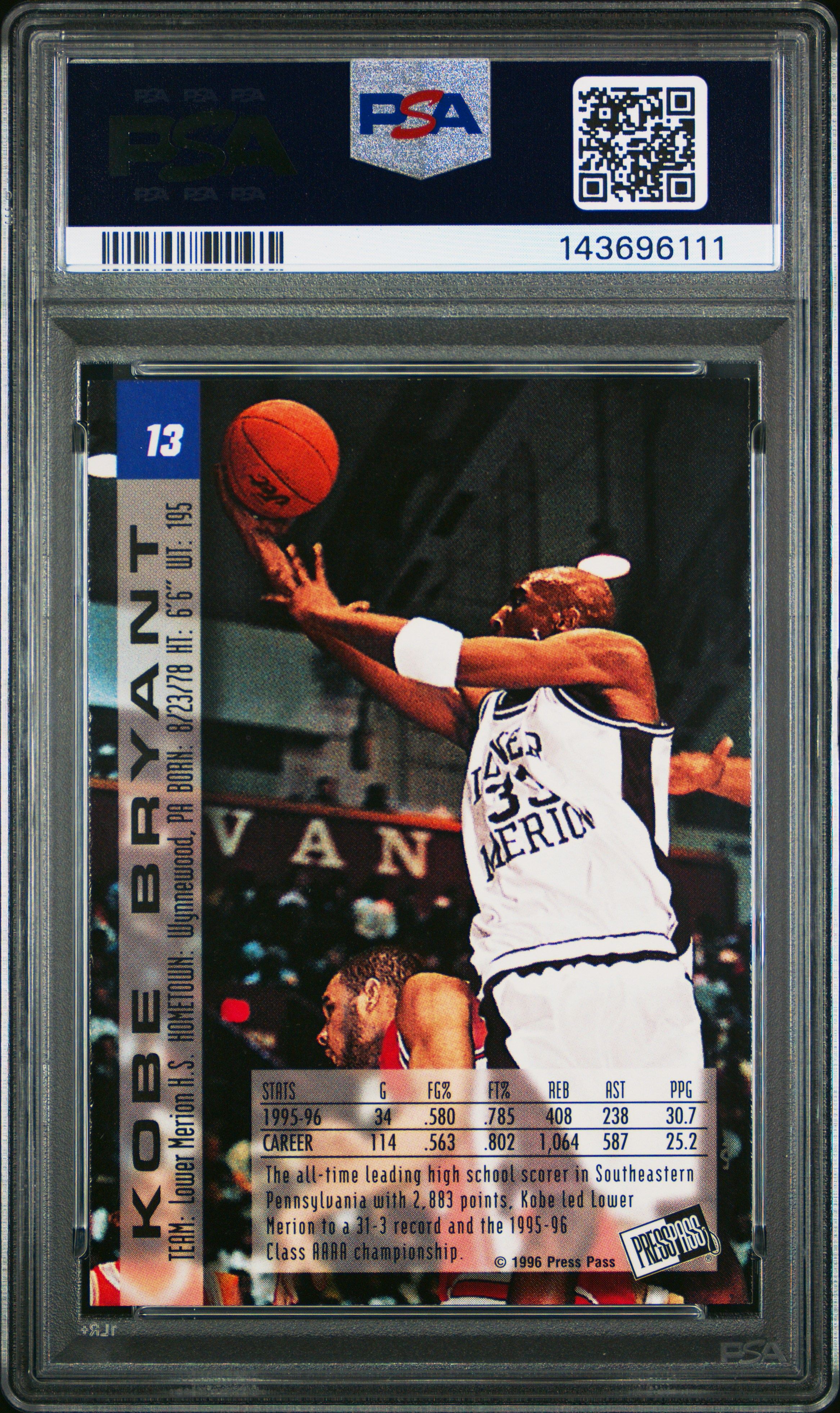 Kobe Bryant 1996 Press Pass RC psa 9 #13 Los Angeles Lakers