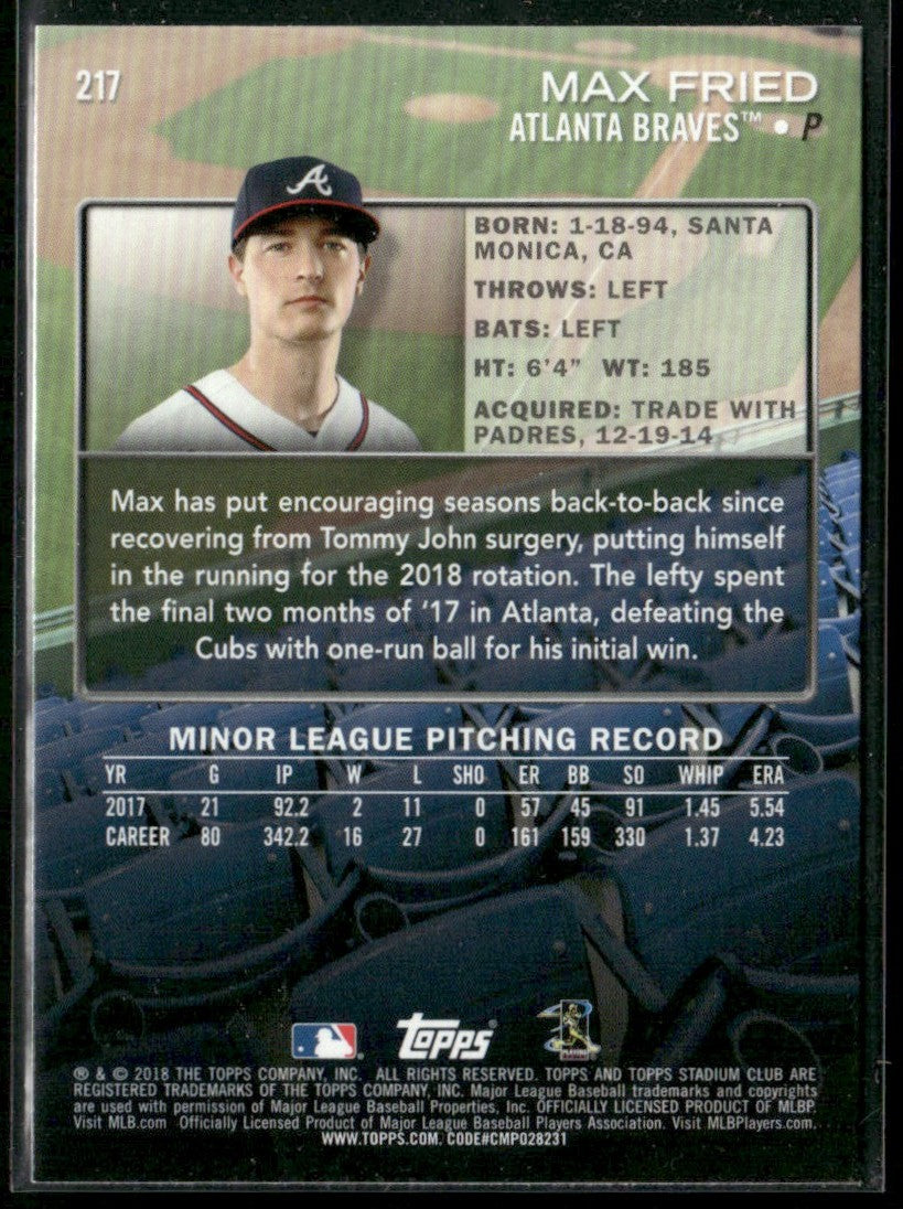 Max Fried 2018 Topps Stadium Club RC #217 Atlanta Braves