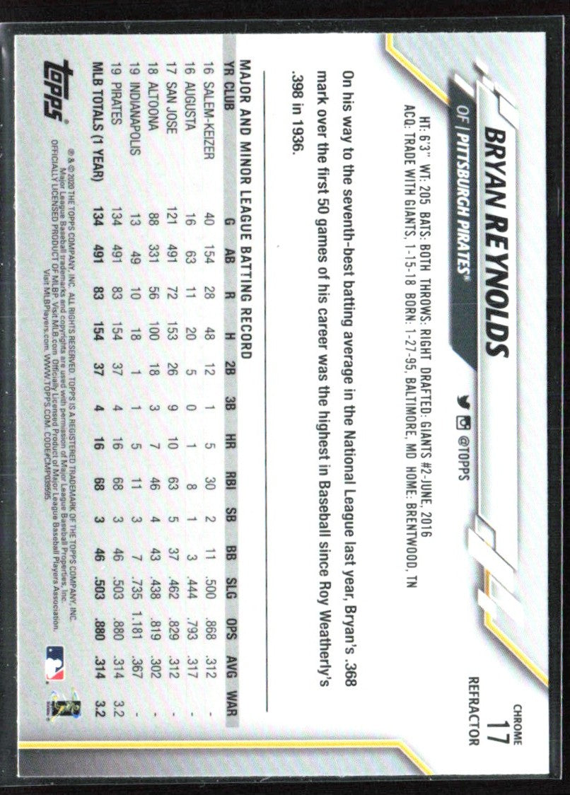 Bryan Reynolds 2020 Topps Chrome Sepia Refractor #17 Pittsburgh Pirates