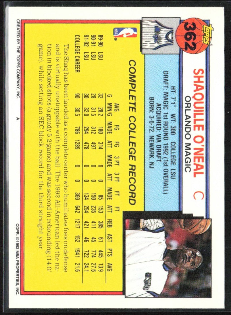 Shaquille O'Neal 1992 Topps RC #362 Orlando Magic
