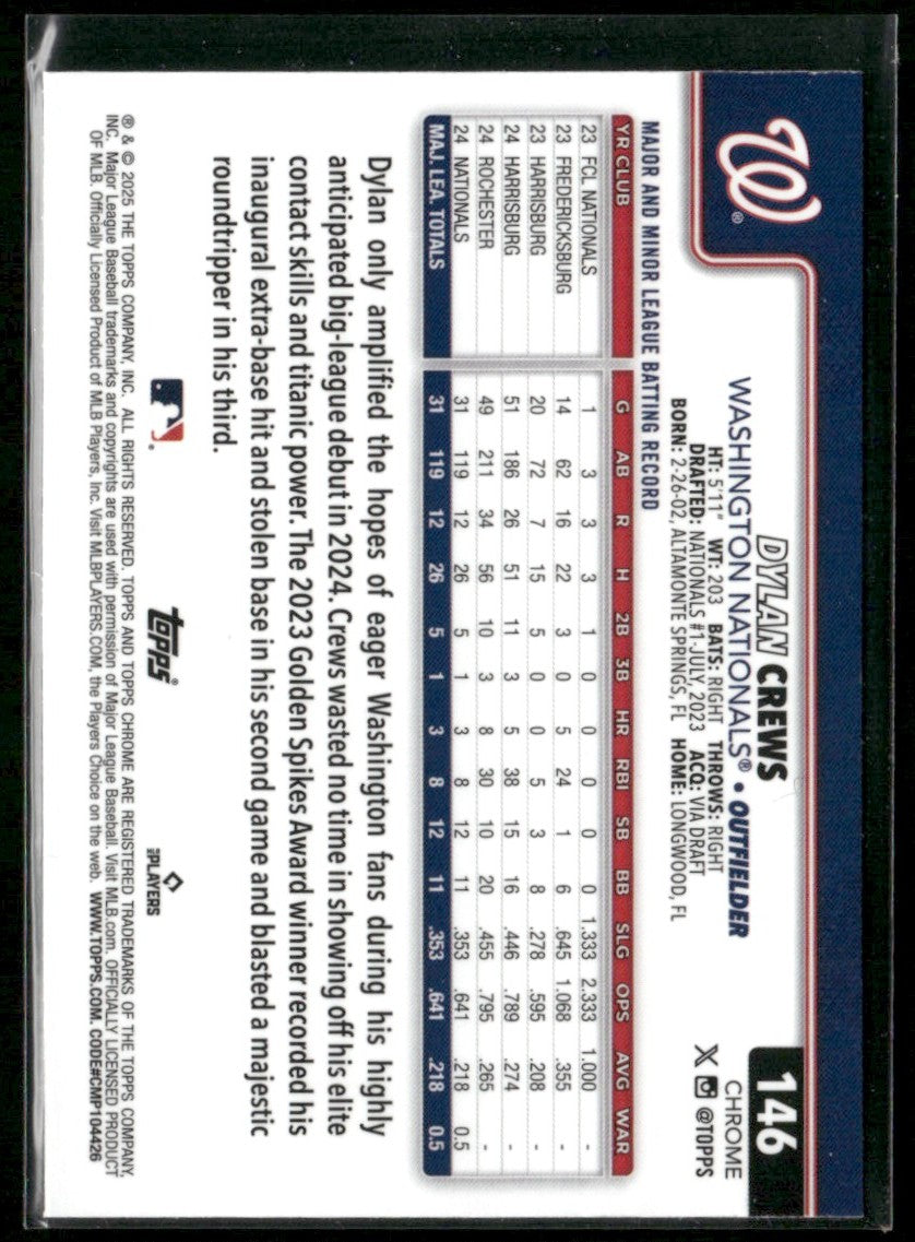 Dylan Crews 2025 Topps Chrome Raywave Refractor RC #146 Washington Nationals