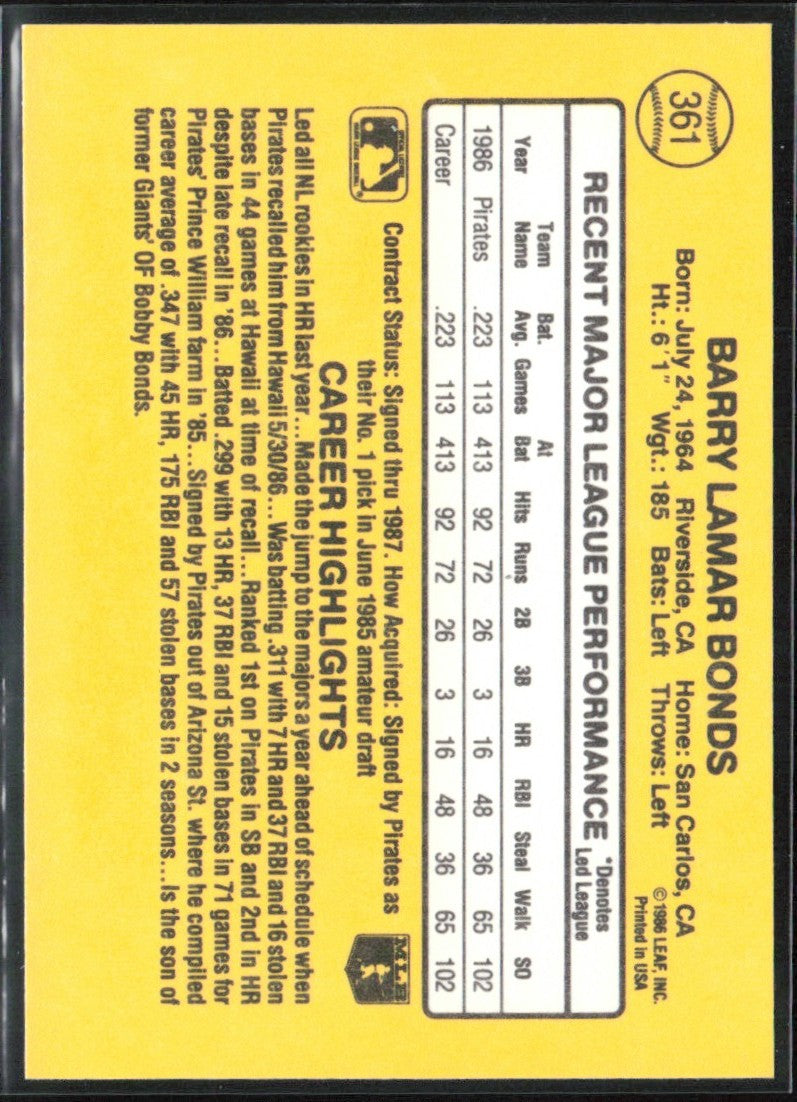 Barry Bonds 1987 Donruss RC #361 Pittsburgh Pirates