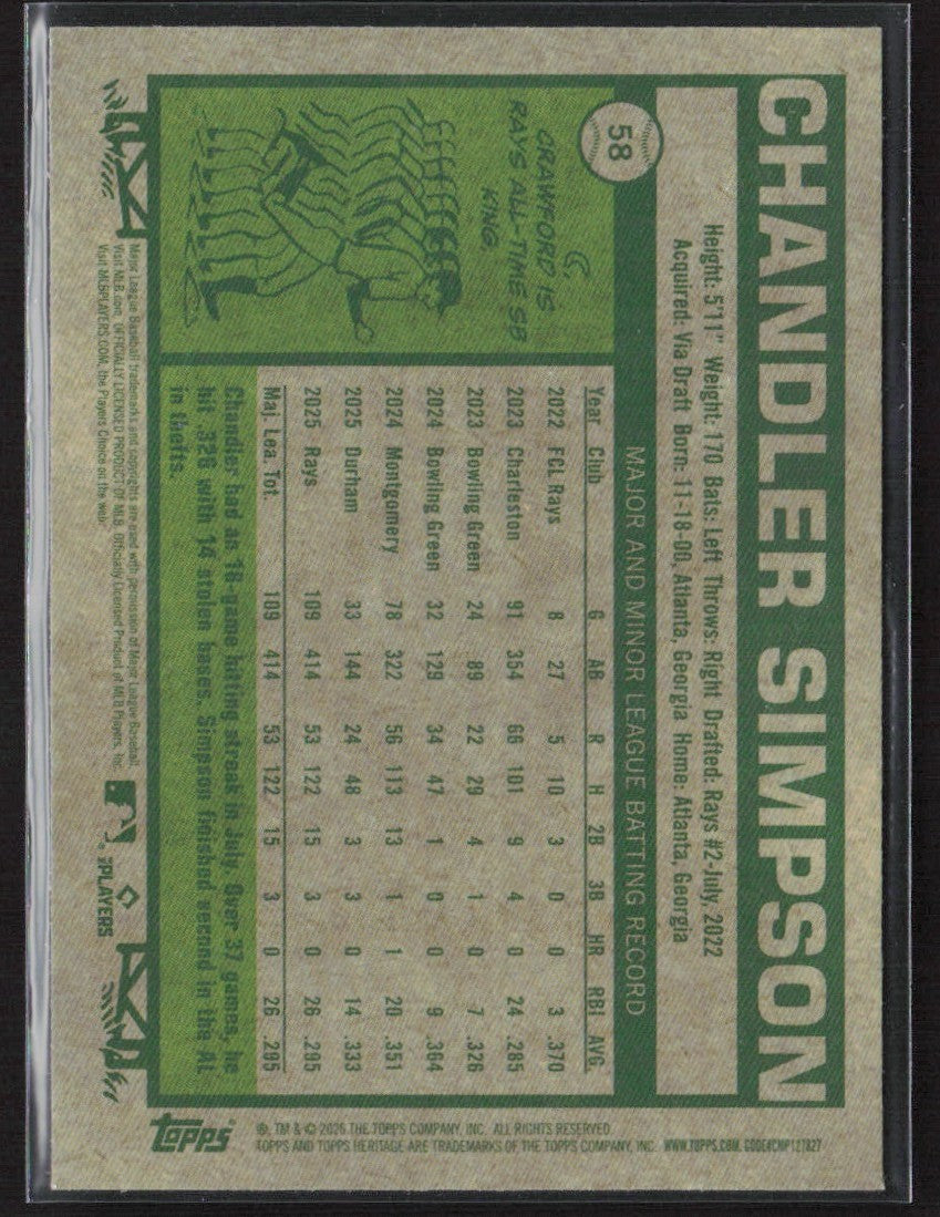 Chandler Simpson 2026 Topps Heritage Chrome #58 Tampa Bay Rays