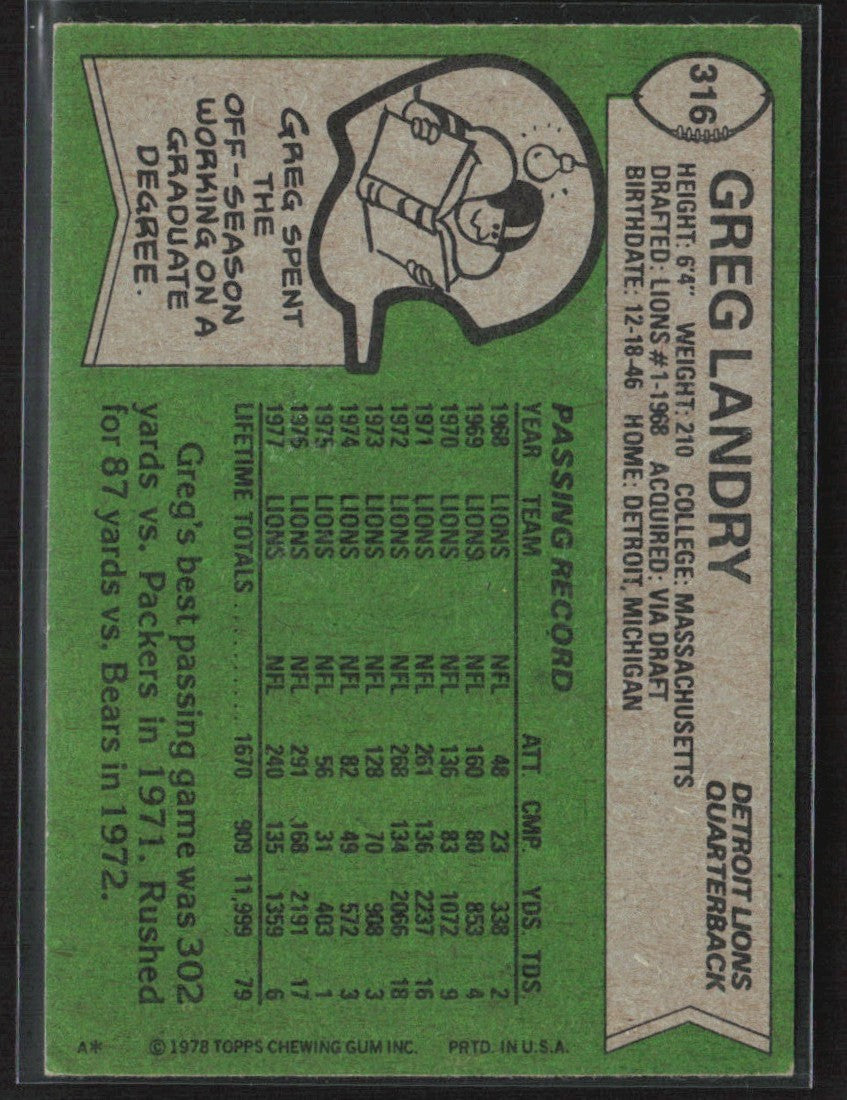 Greg Landry 1978 Topps #316 Detroit Lions