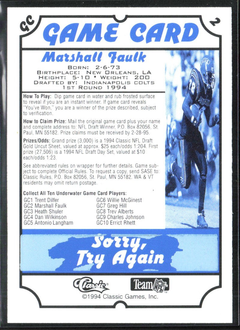 Marshall Faulk 1994 Classic NFL Draft Stars Game Card #5 Indianapolis Colts