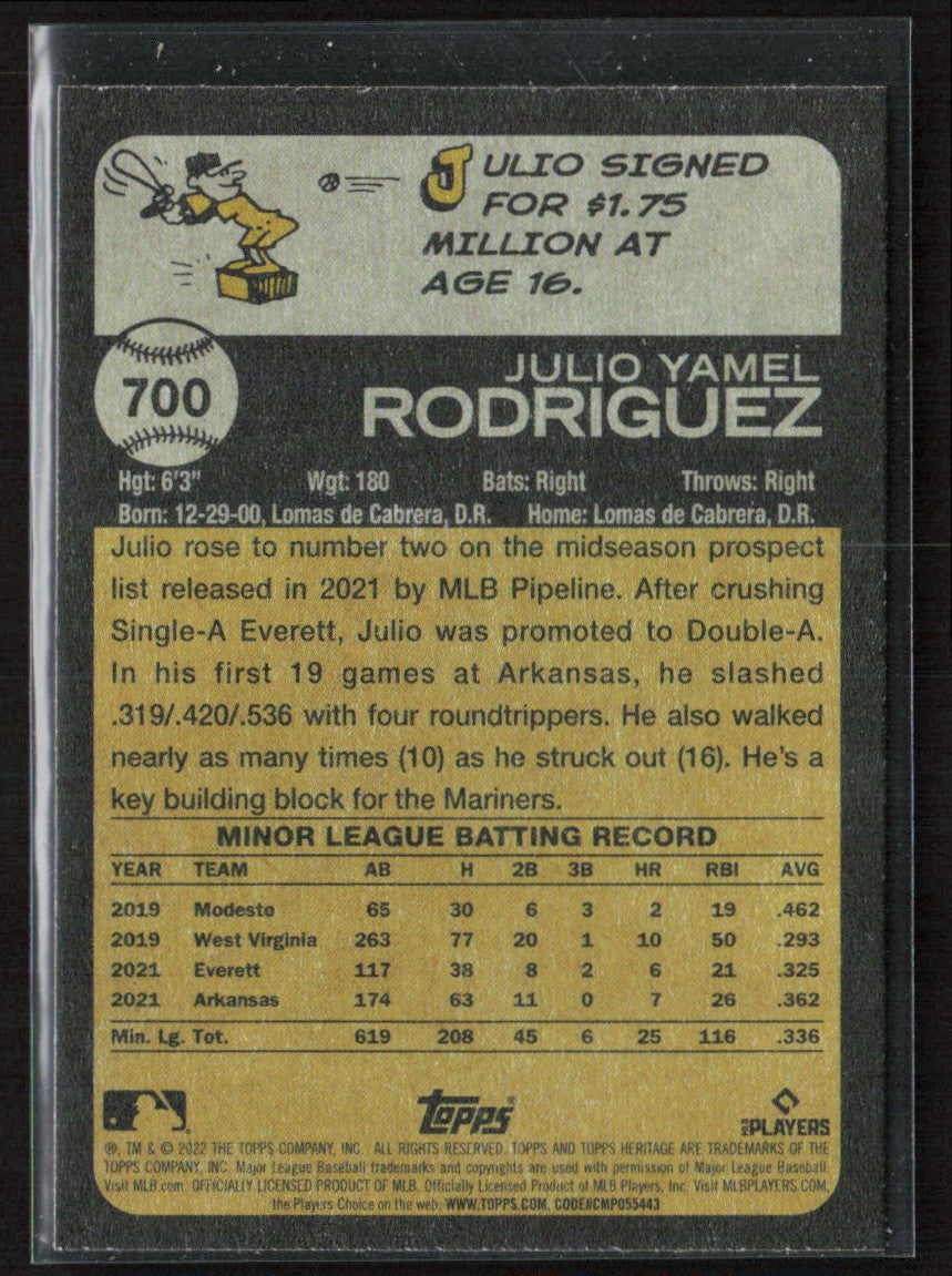 Julio Rodriguez 2022 Topps Heritage RC #700 Seattle Mariners