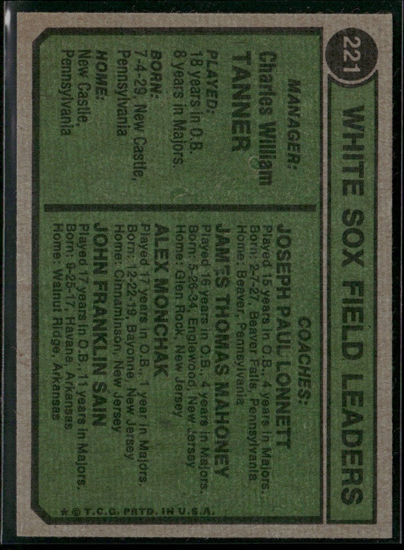 Chuck Tanner/Joe Lonnett/Jim Mahoney/Alex Monchak/Johnny Sain 1974 Topps #221