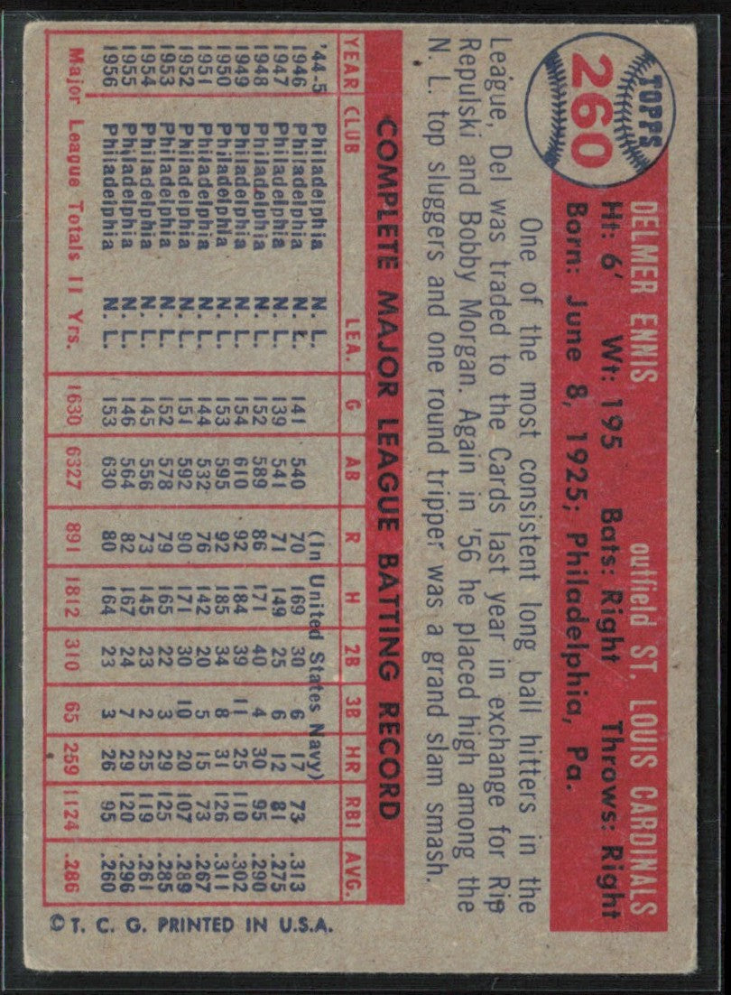Del Ennis 1957 Topps #260 St. Louis Cardinals