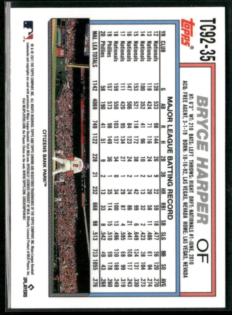 Bryce Harper 2021 Topps Update 1992 Redux Chrome #TC92-35 Philadelphia Phillies