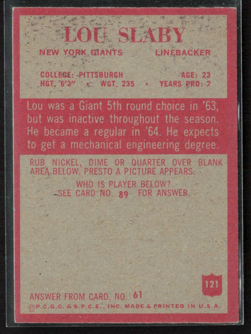 Lou Slaby 1965 Philadelphia RC #121 New York Giants