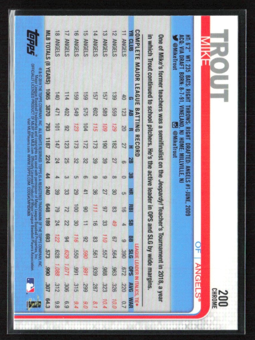 Mike Trout 2019 Topps Chrome #200 Los Angeles Angels