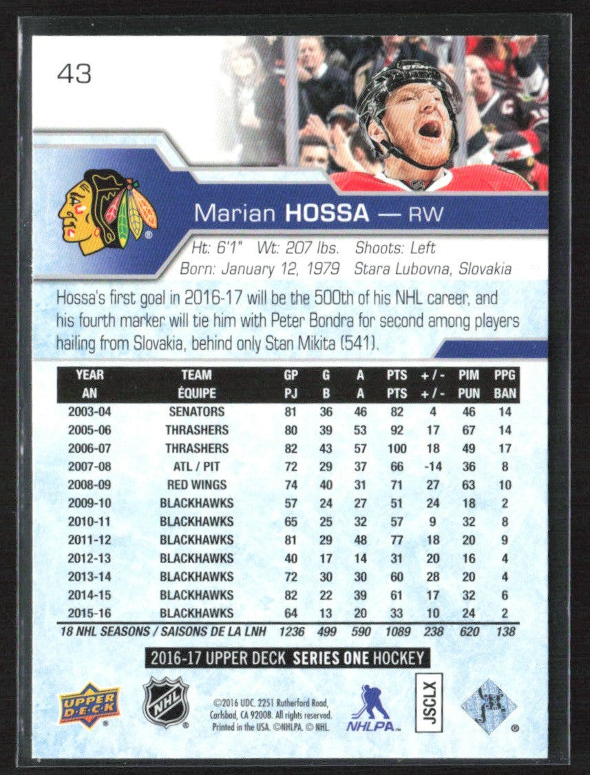 Marian Hossa 2016 Upper Deck #43 Chicago Blackhawks