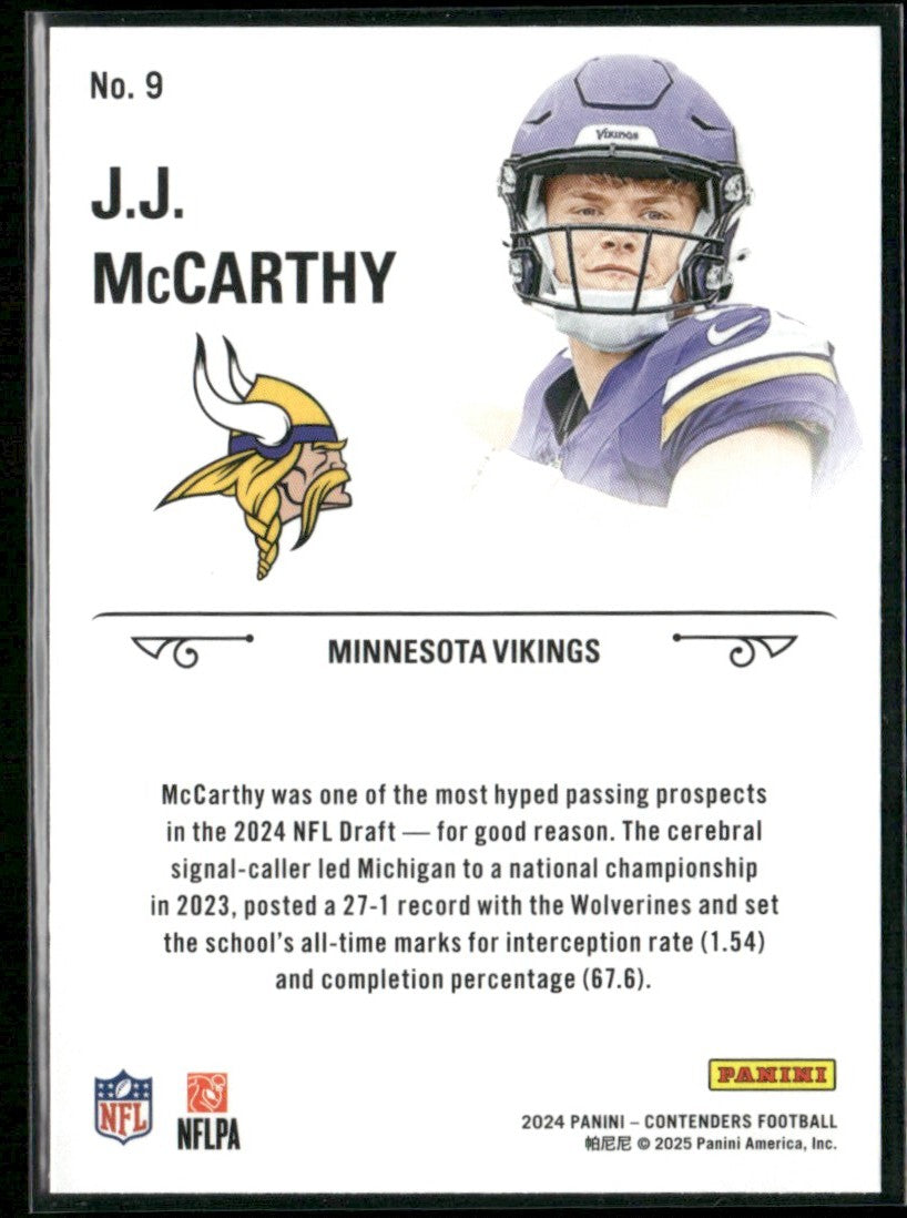 J.J. McCarthy 2024 Panini Contenders Rookie Stallions RC #9 Minnesota Vikings