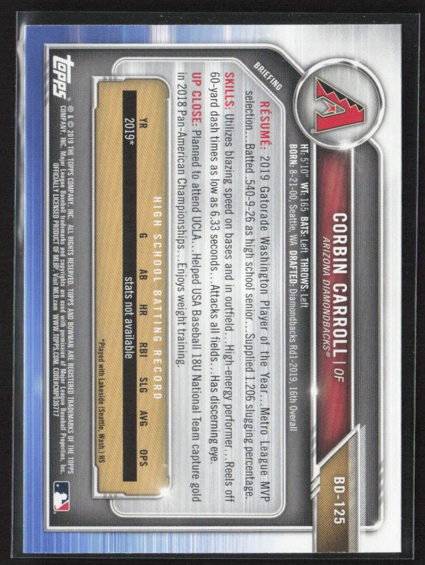 Corbin Carroll 2019 Bowman Draft 1st #BD-125 Arizona Diamondbacks
