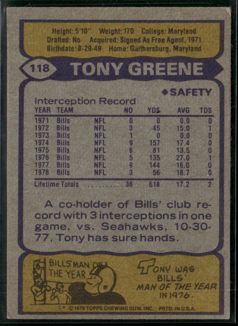 Tony Greene 1979 Topps #118 Buffalo Bills