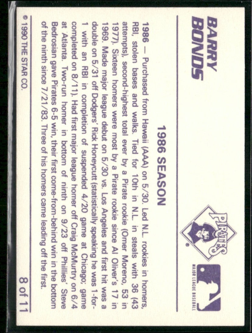 Barry Bonds 1990 Star Bonds 1986 Season #8 Pittsburgh Pirates