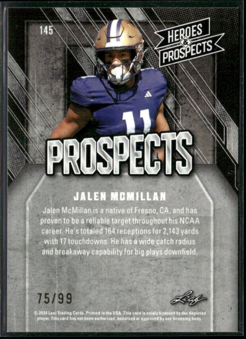 Jalen McMillan 2024 Leaf Heroes & Prospects Blue RC /99 #145 Washington Huskies