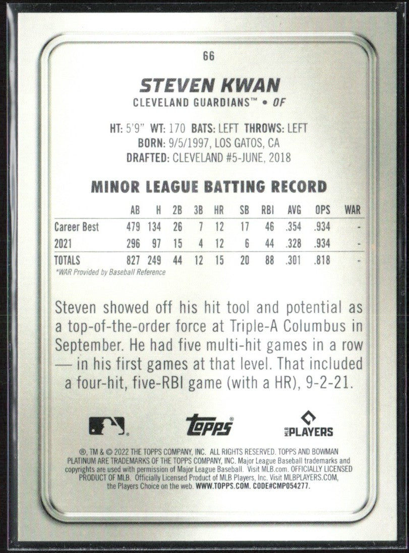 Steven Kwan 2022 Bowman Platinum RC #66 Cleveland Guardians